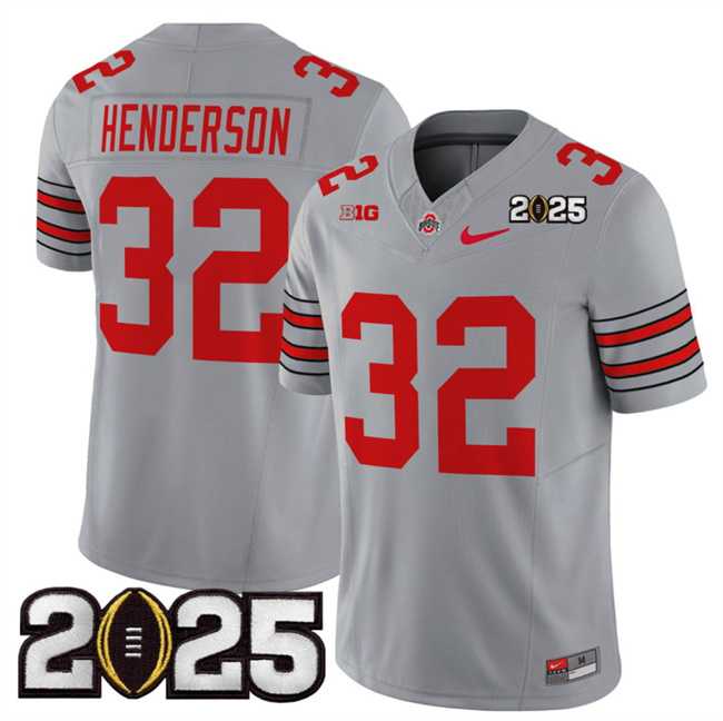 Mens Ohio State Buckeyes #32 TreVeyon Henderson Grey 2025 CFP Final Patch F.U.S.E. Vapor Limited Stitched Football Jersey